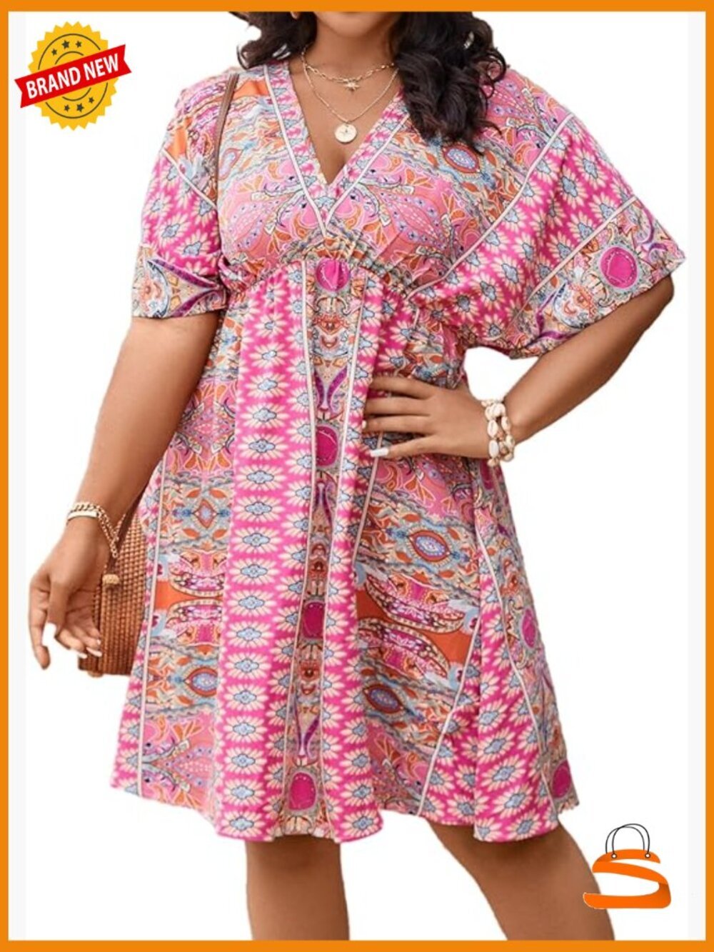 Plus Size Wrap V Neck Short Sleeve Ruffle Hem A Line Short Dress